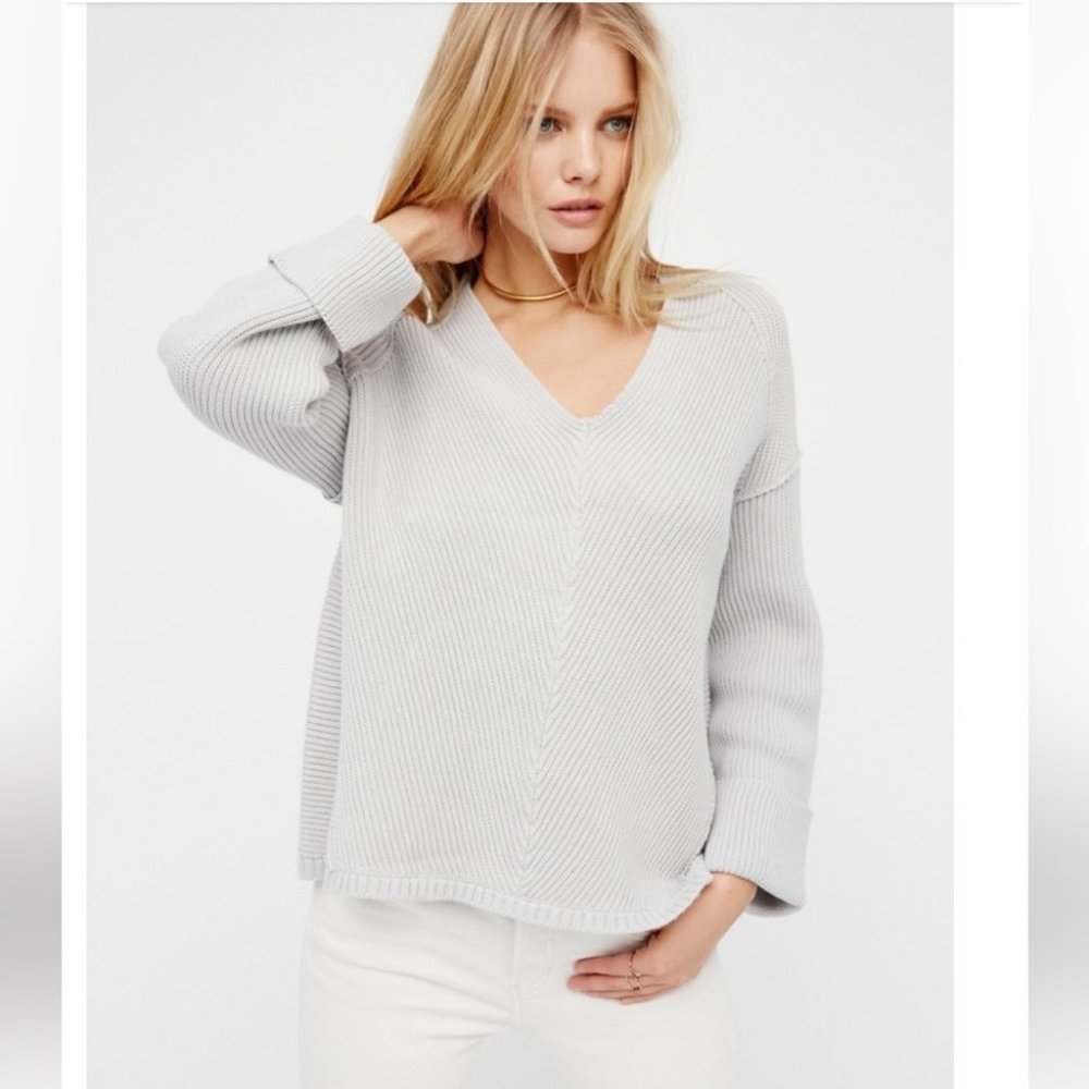 Free People La Brea V Neck Oversized Cotten Ribbed Knit Sweater - Picture 1 of 16